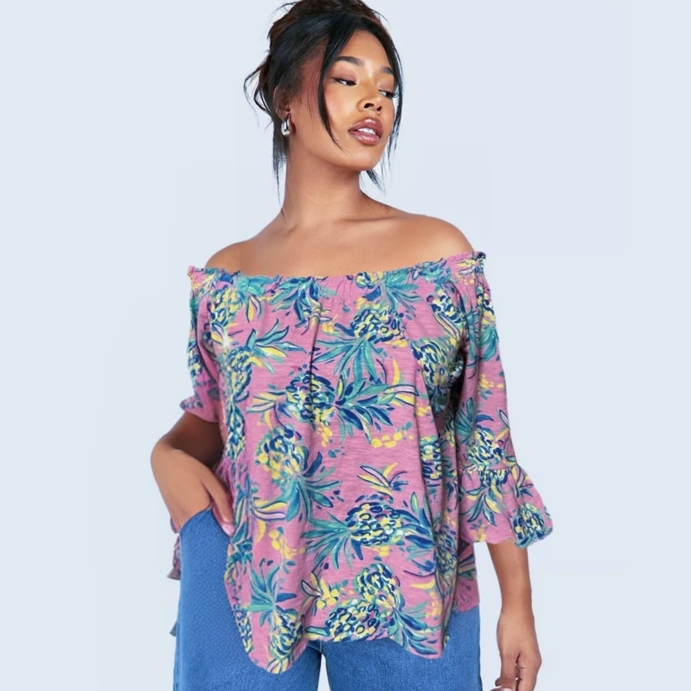 Tropical Off Shoulder Flutter Sleeve Blouse
